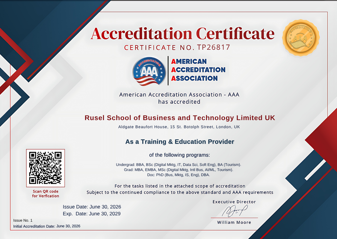 AAA accreditation certificate for Rusel School of Business and Technology Limited UK