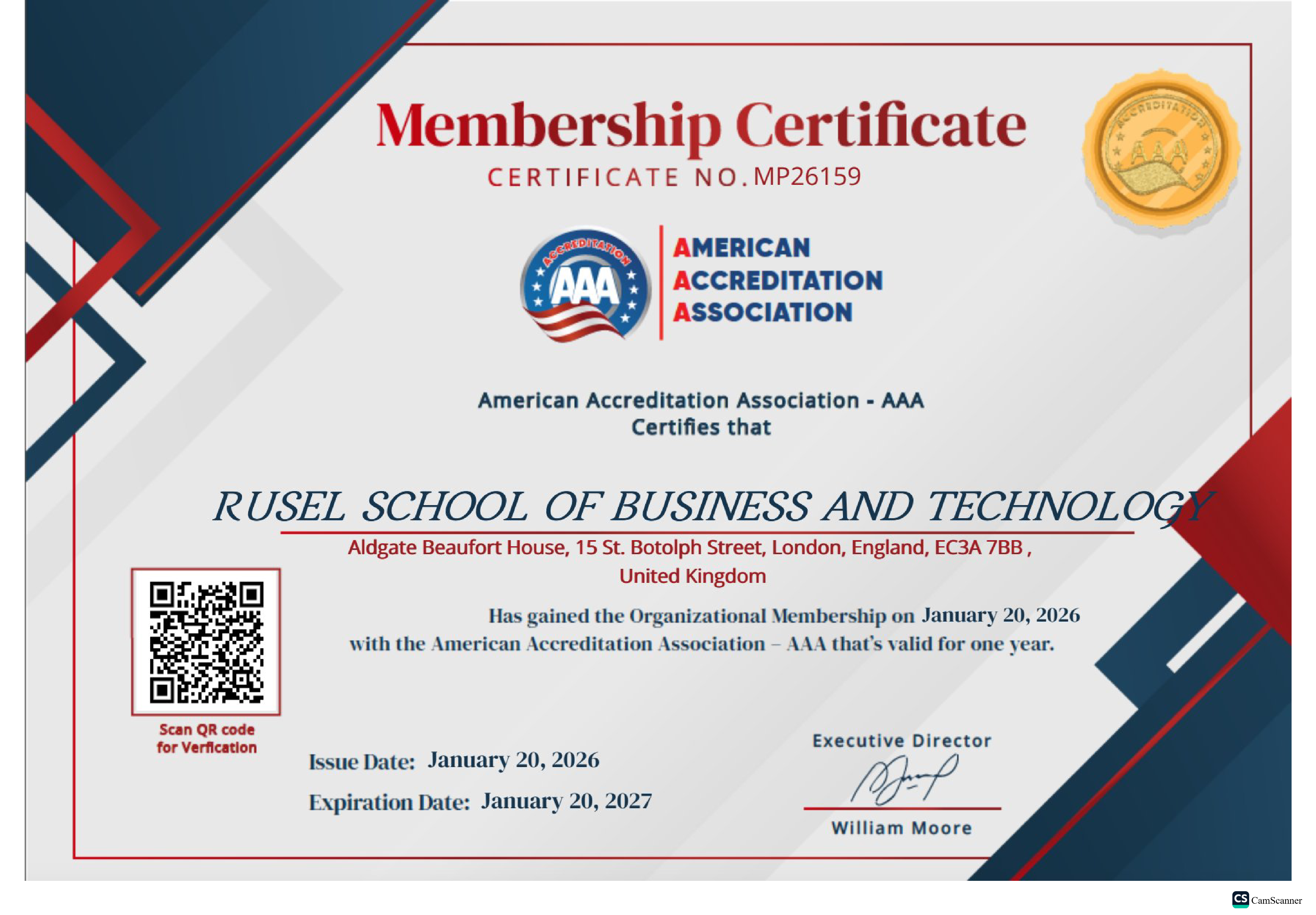 AAA Organizational Membership Certificate for Rusel School of Business and Technology