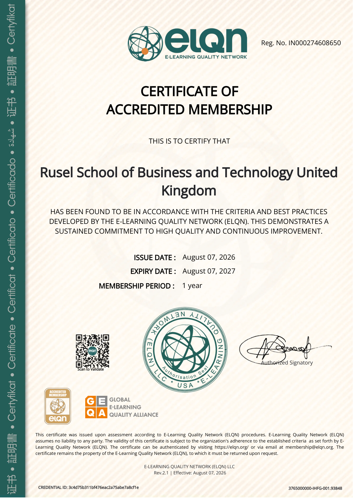 ELQN Accredited Member Certificate for Rusel School of Business and Technology